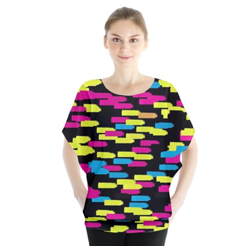 Colorful Strokes On A Black Background                Batwing Chiffon Blouse by LalyLauraFLM