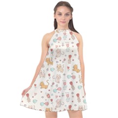 Kittens And Birds And Floral  Patterns Halter Neckline Chiffon Dress 