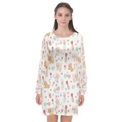 Kittens And Birds And Floral  Patterns Long Sleeve Chiffon Shift Dress 