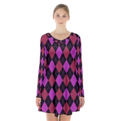 Plaid Pattern Long Sleeve Velvet V-neck Dress by Valentinaart