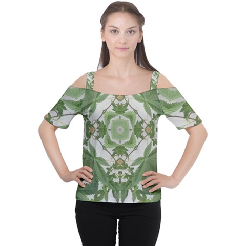 Marijuana Leaf Pattern Women s Cutout Shoulder Tee by getstonedinstyle