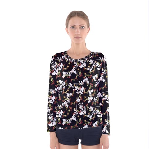 Dark Chinoiserie Floral Collage Pattern Women s Long Sleeve Tee by dflcprintsclothing