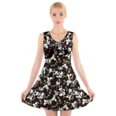 Dark Chinoiserie Floral Collage Pattern V-neck Sleeveless Skater Dress by dflcprintsclothing