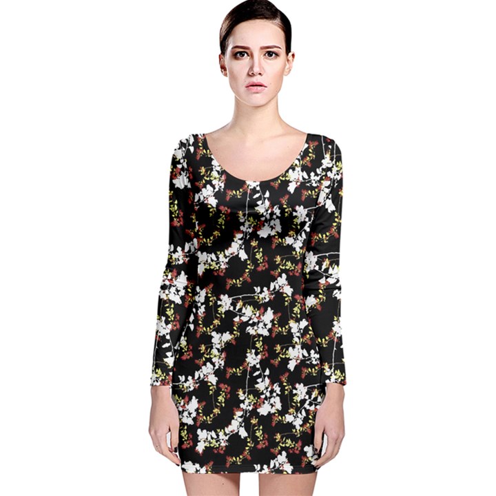 Dark Chinoiserie Floral Collage Pattern Long Sleeve Velvet Bodycon Dress