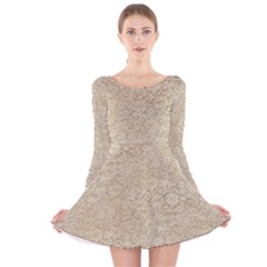 Old Floral Crochet Lace Pattern Beige Bleached Long Sleeve Velvet Skater Dress by EDDArt