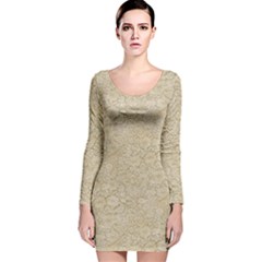 Old Floral Crochet Lace Pattern Beige Bleached Long Sleeve Velvet Bodycon Dress