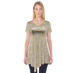 Old Floral Crochet Lace Pattern Beige Bleached Short Sleeve Tunic  by EDDArt