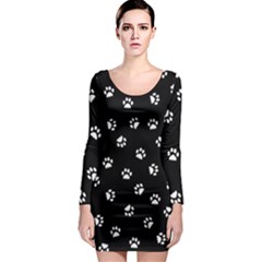 Footprints Cat White Black Long Sleeve Bodycon Dress