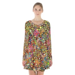 Multicolored Retro Spots Polka Dots Pattern Long Sleeve Velvet V-neck Dress by EDDArt