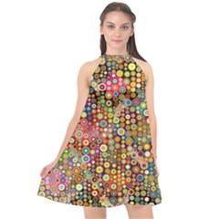 Multicolored Retro Spots Polka Dots Pattern Halter Neckline Chiffon Dress  by EDDArt