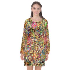 Multicolored Retro Spots Polka Dots Pattern Long Sleeve Chiffon Shift Dress  by EDDArt