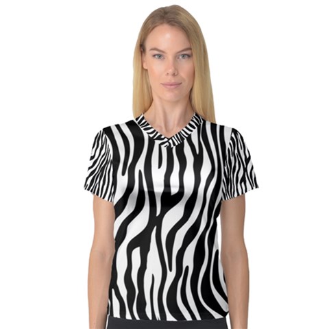 Zebra Stripes Pattern Traditional Colors Black White Women s V-neck Sport Mesh Tee by EDDArt