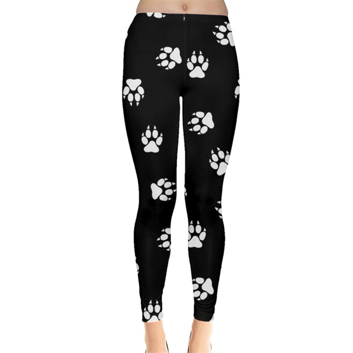 Footprints Dog White Black Leggings 