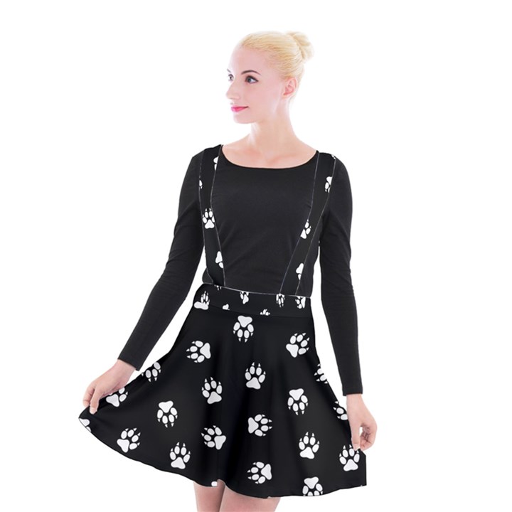 Footprints Dog White Black Suspender Skater Skirt