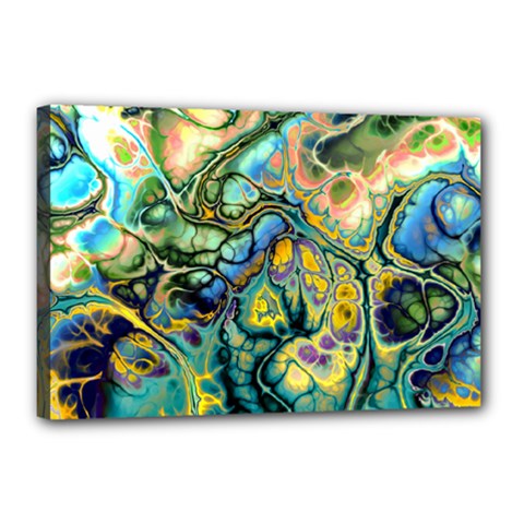 Flower Power Fractal Batik Teal Yellow Blue Salmon Canvas 18  X 12  by EDDArt