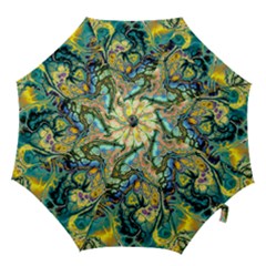 Flower Power Fractal Batik Teal Yellow Blue Salmon Hook Handle Umbrellas (large) by EDDArt