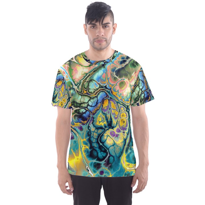 Flower Power Fractal Batik Teal Yellow Blue Salmon Men s Sport Mesh Tee