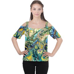 Flower Power Fractal Batik Teal Yellow Blue Salmon Women s Cutout Shoulder Tee