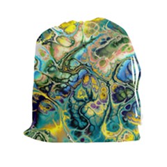 Flower Power Fractal Batik Teal Yellow Blue Salmon Drawstring Pouches (xxl) by EDDArt