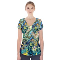 Flower Power Fractal Batik Teal Yellow Blue Salmon Short Sleeve Front Detail Top by EDDArt