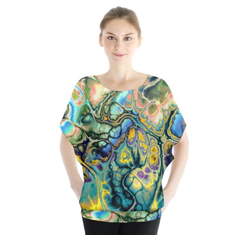 Flower Power Fractal Batik Teal Yellow Blue Salmon Blouse by EDDArt