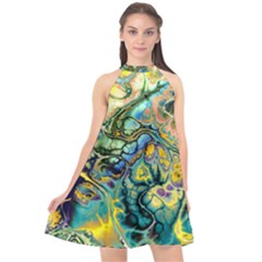 Flower Power Fractal Batik Teal Yellow Blue Salmon Halter Neckline Chiffon Dress  by EDDArt