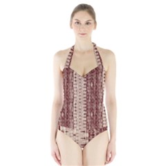 Wrinkly Batik Pattern Brown Beige Halter Swimsuit by EDDArt