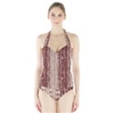 Wrinkly Batik Pattern Brown Beige Halter Swimsuit View1