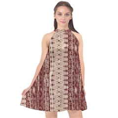 Wrinkly Batik Pattern Brown Beige Halter Neckline Chiffon Dress  by EDDArt