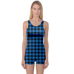 Lumberjack Fabric Pattern Blue Black One Piece Boyleg Swimsuit by EDDArt