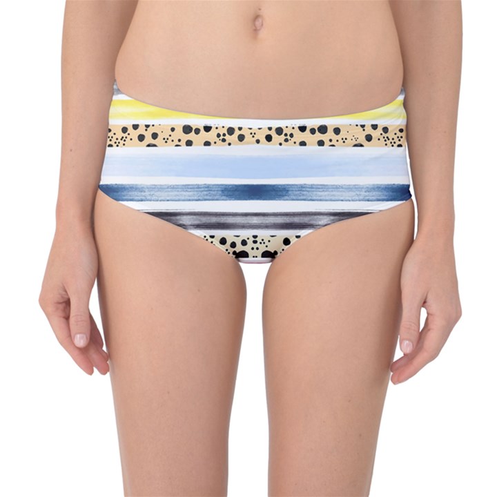 Watercolor Stripes And Dots Mid-Waist Bikini Bottoms