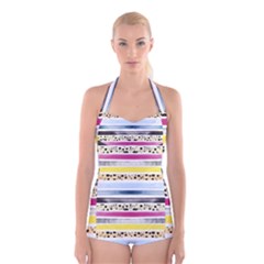 Watercolor Stripes And Dots Boyleg Halter Swimsuit 