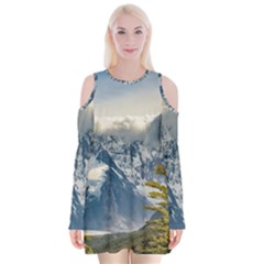 Snowy Andes Mountains, El Chalten Argentina Velvet Long Sleeve Shoulder Cutout Dress by dflcprints