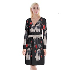 Love Pugs Long Sleeve Velvet Front Wrap Dress by Valentinaart