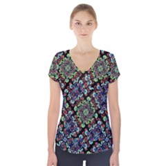 Colorful Floral Collage Pattern Short Sleeve Front Detail Top by dflcprintsclothing