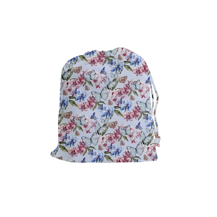 Watercolor Flowers Butterflies Pattern Blue Red Drawstring Pouches (Medium) 