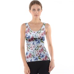 Watercolor Flowers Butterflies Pattern Blue Red Tank Top by EDDArt