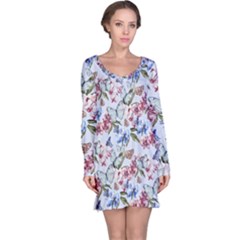 Watercolor Flowers Butterflies Pattern Blue Red Long Sleeve Nightdress by EDDArt