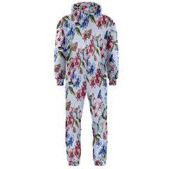 Watercolor Flowers Butterflies Pattern Blue Red Hooded Jumpsuit (men)  by EDDArt