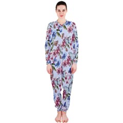 Watercolor Flowers Butterflies Pattern Blue Red Onepiece Jumpsuit (ladies)  by EDDArt