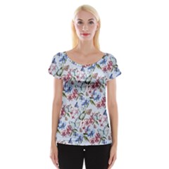 Watercolor Flowers Butterflies Pattern Blue Red Women s Cap Sleeve Top by EDDArt