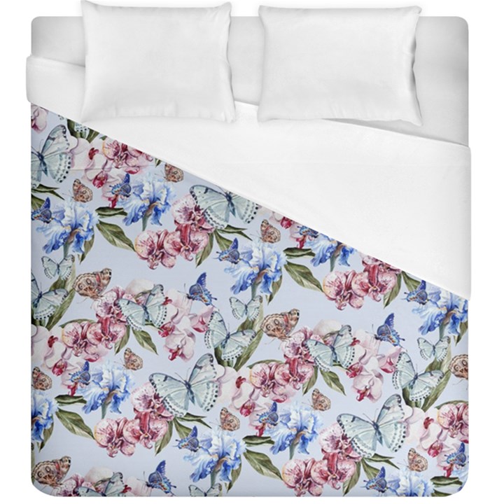 Watercolor Flowers Butterflies Pattern Blue Red Duvet Cover (King Size)