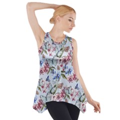 Watercolor Flowers Butterflies Pattern Blue Red Side Drop Tank Tunic by EDDArt