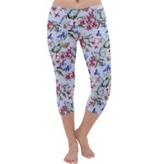 Watercolor Flowers Butterflies Pattern Blue Red Capri Yoga Leggings by EDDArt