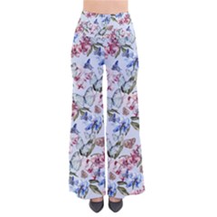 Watercolor Flowers Butterflies Pattern Blue Red Pants by EDDArt