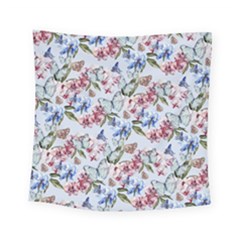 Watercolor Flowers Butterflies Pattern Blue Red Square Tapestry (small)