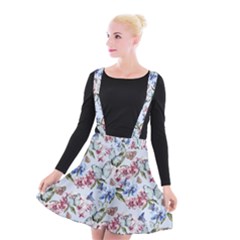 Watercolor Flowers Butterflies Pattern Blue Red Suspender Skater Skirt by EDDArt