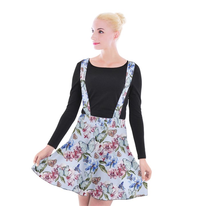 Watercolor Flowers Butterflies Pattern Blue Red Suspender Skater Skirt