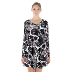 Skull Pattern Long Sleeve Velvet V-neck Dress by ValentinaDesign