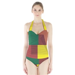 Albers Out Plaid Green Pink Yellow Red Line Halter Swimsuit by Mariart